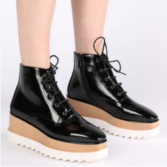 Public Desire Shoes - Stacked Platform Ankle Boot Black Patent Wedge 7